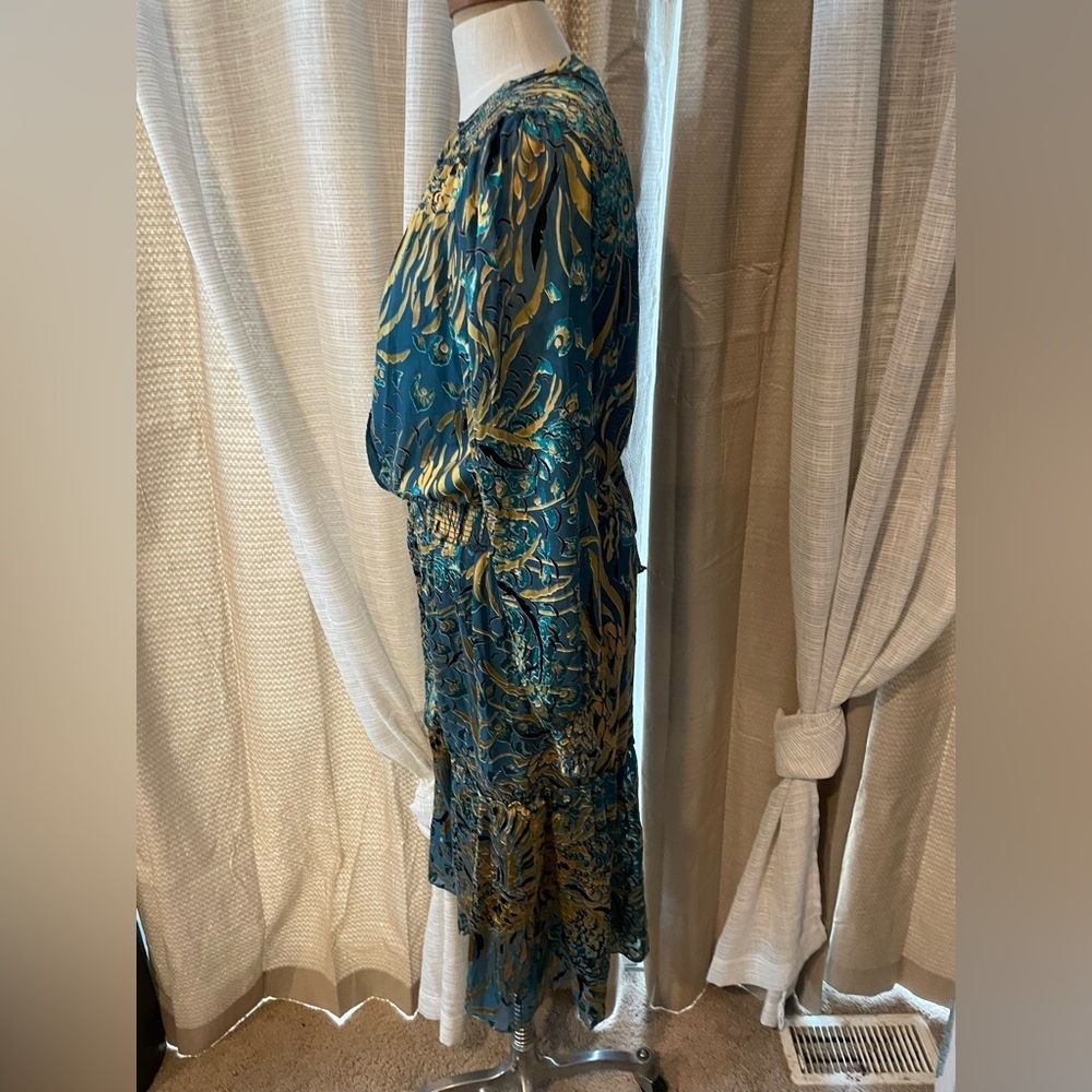 White House Black Market burnout smocked dress Teal and Gold Long Sleeve Dress - Picture 12 of 15